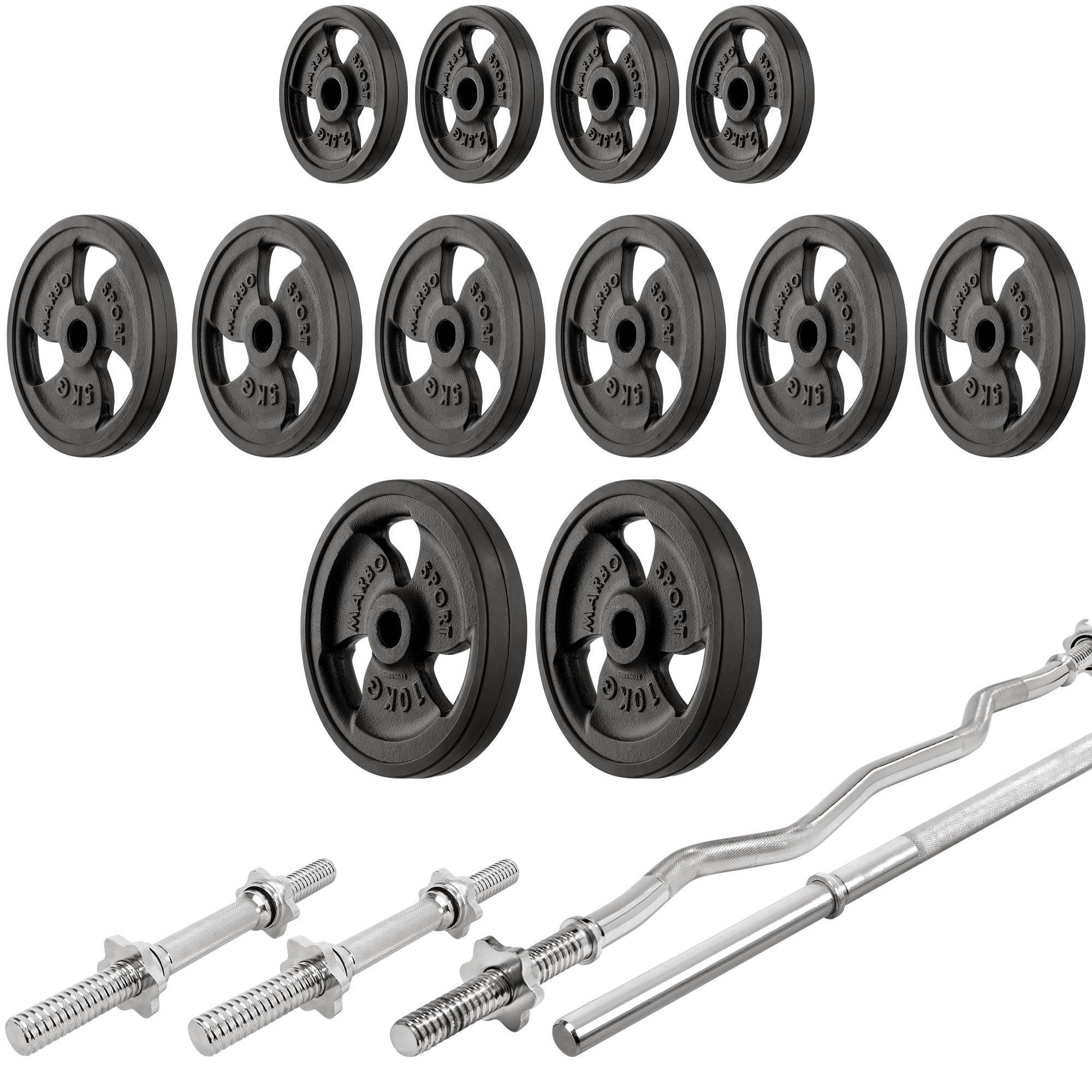 Set MH26_147KG_KIER_G | bancă de greutăți + suport de haltere + antrenor de picioare + stație de tragere în jos a laturilor + birou de curl + set de bare / plăci de greutate 83 kg - Marbo Sport