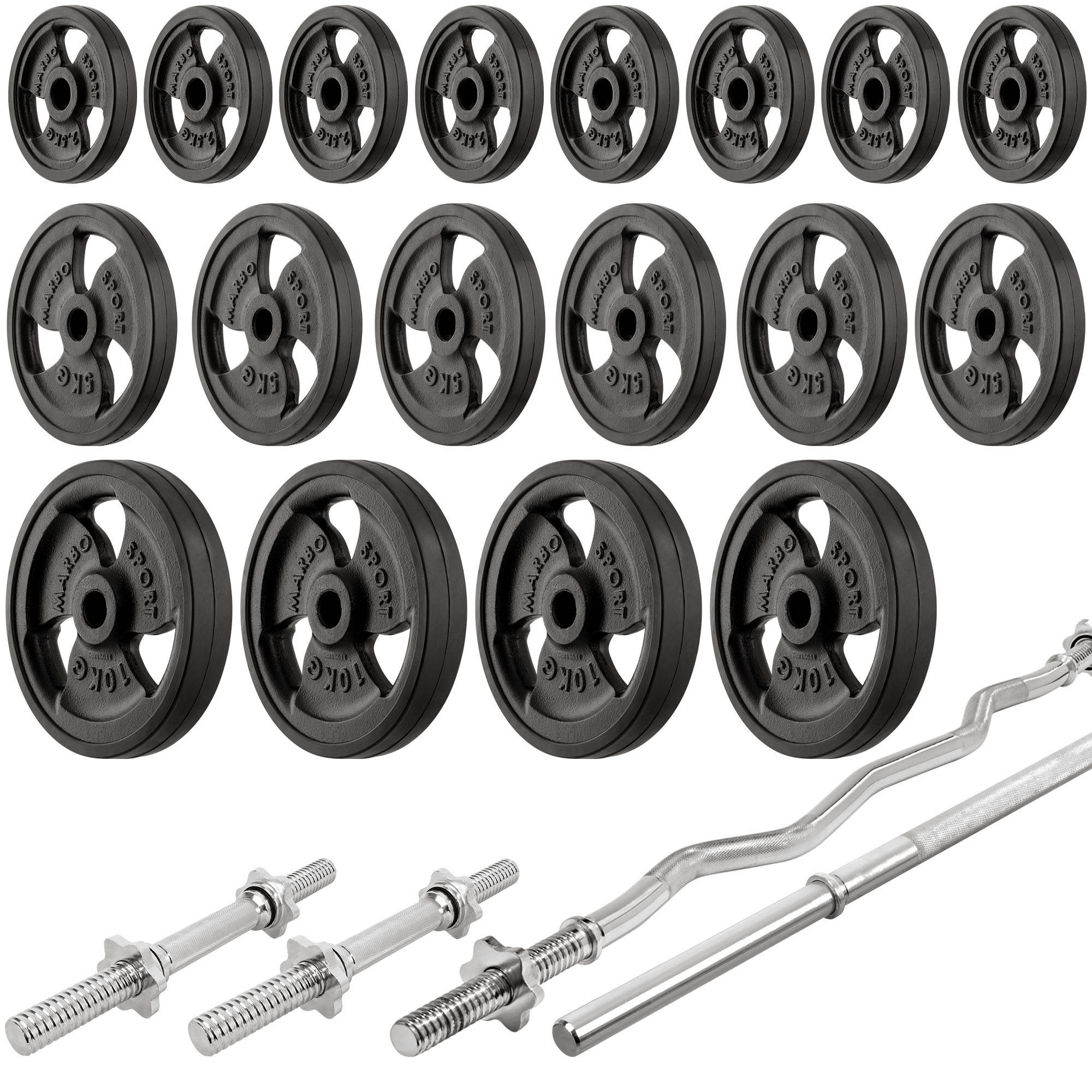 Set MH26_177KG_KIER_G | bancă de greutăți + suport de haltere + antrenor de picioare + stație de tragere în jos lat + birou de curl + bare / plăci de greutate113 kg - Marbo Sport