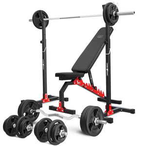 Set MH7_140KG_KIER | bancă de greutate reglabilă + suport de greutate reglabil pe înălțime + bare de greutate / plăci de greutate set de amestec de ciment 113 kg - Marbo Sport