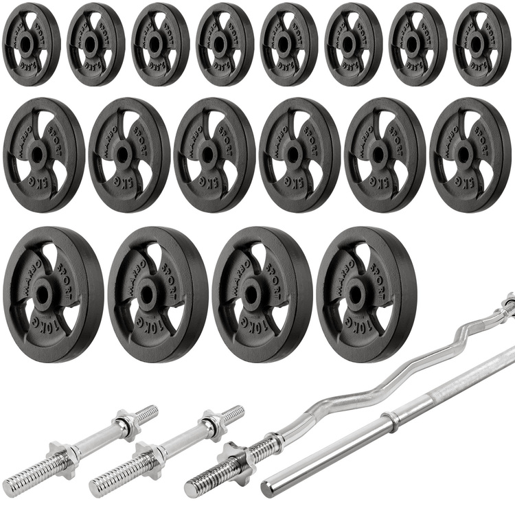 Set MH7_140KG_KIER | bancă de greutate reglabilă + suport de greutate reglabil pe înălțime + bare de greutate / plăci de greutate set de amestec de ciment 113 kg - Marbo Sport