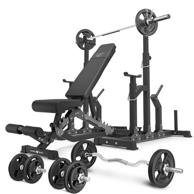 Set MS2_2.0_83KG | Banca cu reglare dublă + standuri combinate cu siguranță + bară și set de plăci de greutate 83 kg - Marbo Sport