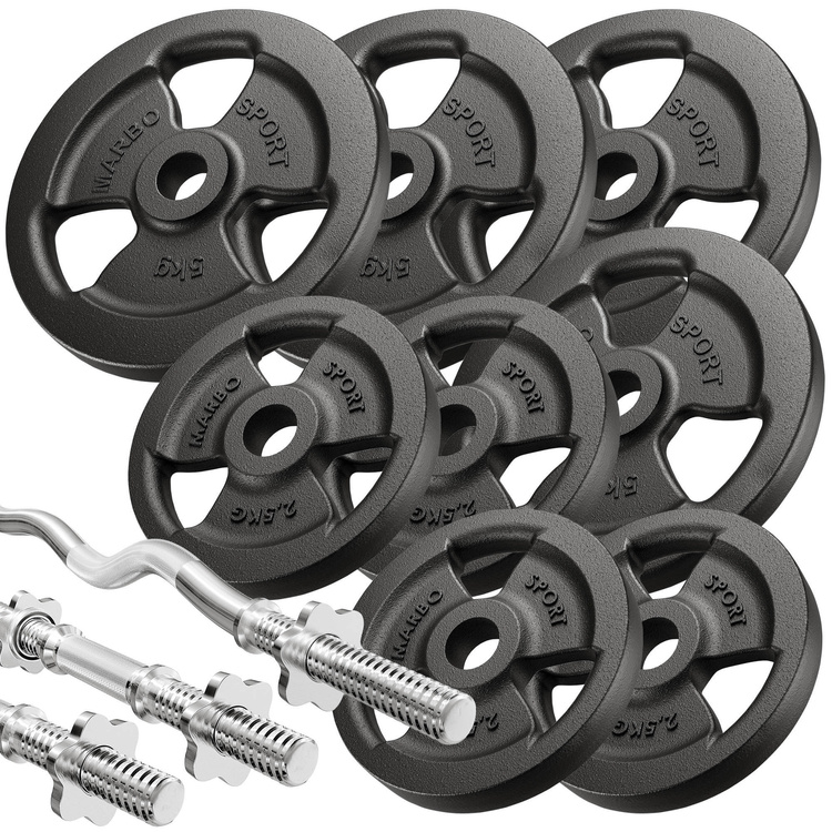 Set MS39_2.0_42KG | Banca de antrenament cu reglare dublă + sanca predicatorului + presă pentru picioare + bară și set de plăci de greutate 42kg - Marbo Sport