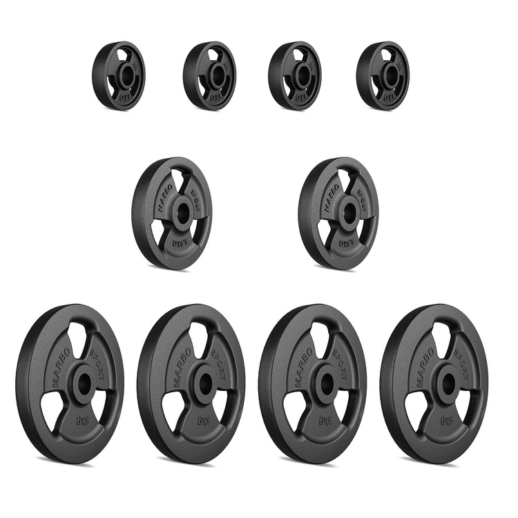 Set de greutăți cu plăci de greutate din fontă Tri-Grip cu gaură ø31 mm | set 29 kg / 4 x 5 kg + 2 x 2,5 kg + 4 x 1 kg - Marbo Sport