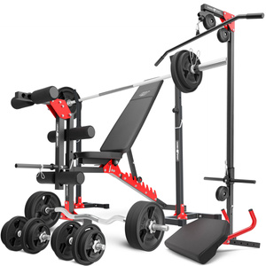 Set MH25_162KG_KIER_G | banc de greutăți MH-L115 + 2 x suport de greutăți + antrenor de picioare + stație de tragere în jos lat + birou de curl + bare / plăci de greutate 113 kg - Marbo Sport