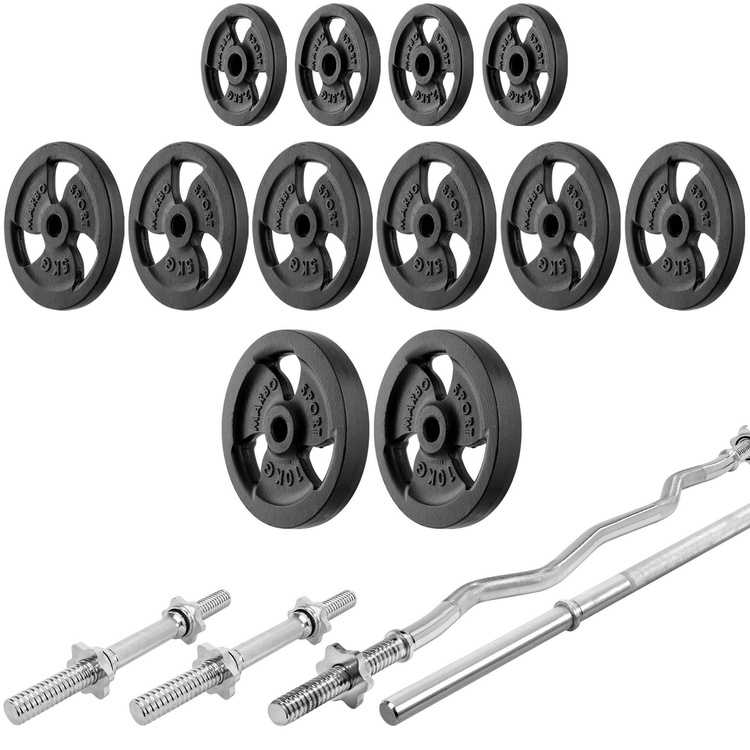 Set MS33_2.0_83KG | Bancă cu două fețe + suport pentru gantere (2 bucăți) cu prindere de siguranță + bancă Scott - cu tampoane pentru brațe reglabile pe înălțime + set de bare și plăci de greutate 83 kg - Marbo Sport