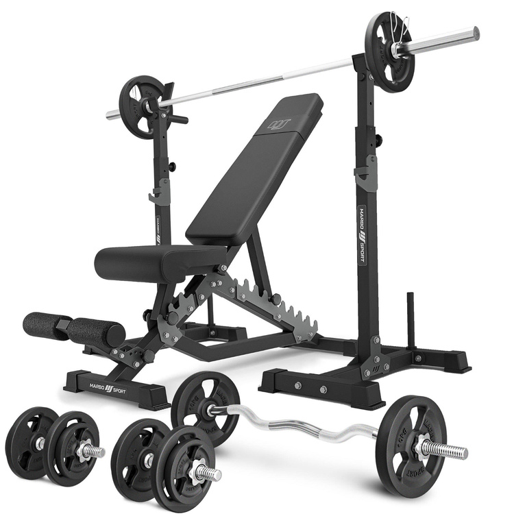 Set MS34_2.0_83KG | Banca cu reglare dublă + standuri multilevel (2 piese) pentru halteră cu asigurare + set de bare și plăci de greutate 83 kg - Marbo Sport