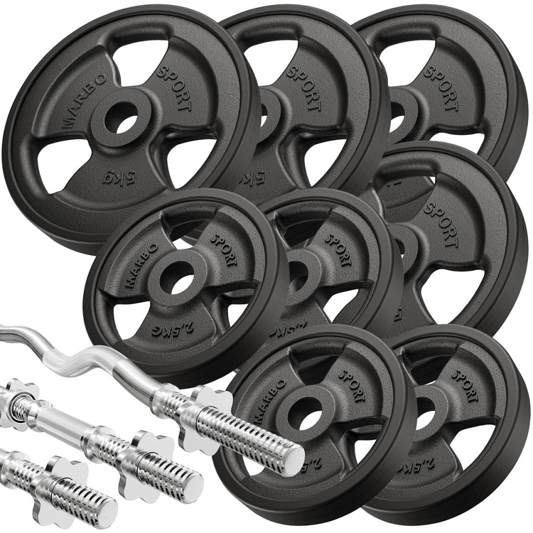 Set MS39_2.0_42KG_G | Banca de antrenament cu reglare dublă + sanca predicatorului + presă pentru picioare + bară și plăci de greutate cauciucate set 42kg - Marbo Sport