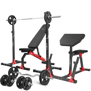 Set MH9_121KG_KIER | bancă cu greutăți reglabilă + suport de greutăți reglabil pe înălțime + bancă Scott + set de bare / plăci de greutate 83 kg- Marbo Sport