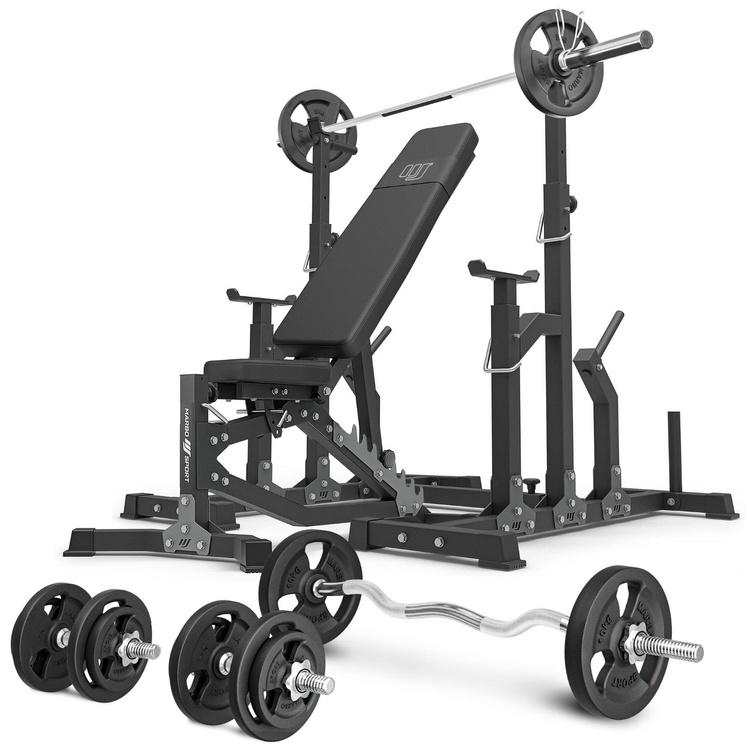 Set MS11_2.0_83KG | Bancă de greutate reglabilă pe două fețe + suporturi reglabile + set de bare și plăci de greutate 83 kg - Marbo Sport