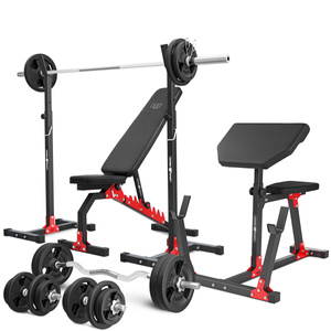 Set MH9_151KG_KIER | banc de greutăți MH-L114 + suport de greutăți x2 + banca Scott + set de bare / plăci de greutate 113 kg - Marbo Sport
