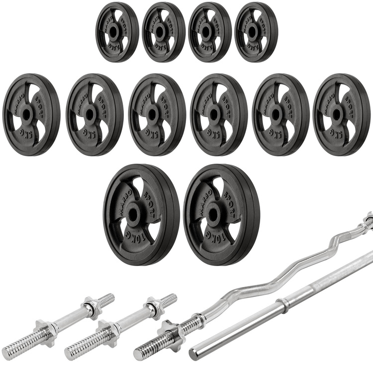 Set MS3_2.0_83KG_G | Banca cu reglare dublă + standuri poartă cu asigurare și reglare a distanței + set de bare cauciucate și plăci de greutate 83 kg - Marbo Sport