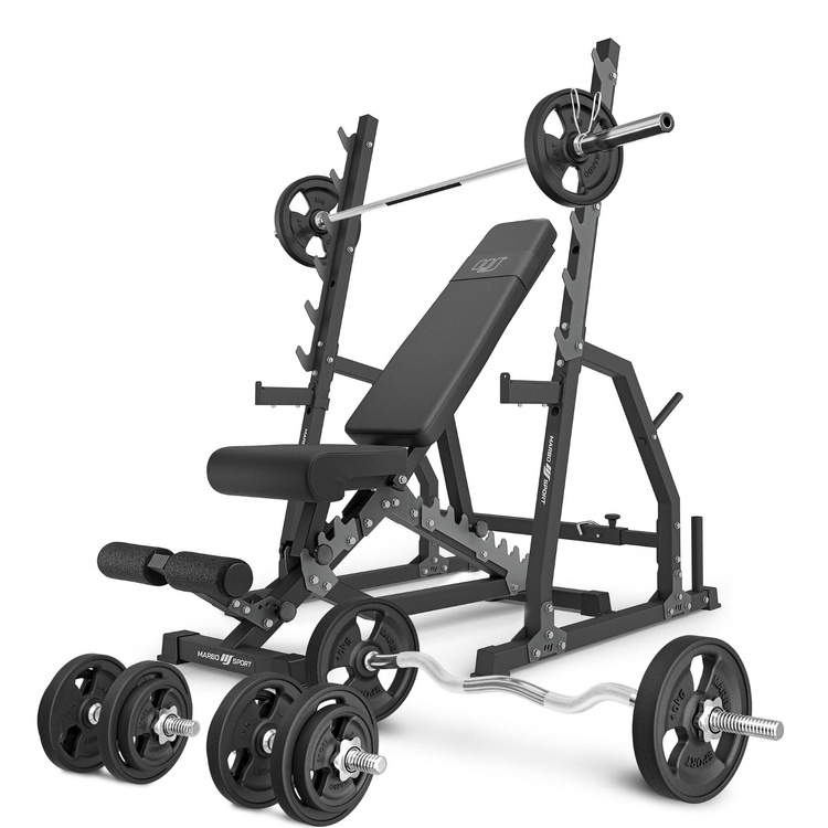 Set MS3_2.0_83KG_G | Banca cu reglare dublă + standuri poartă cu asigurare și reglare a distanței + set de bare cauciucate și plăci de greutate 83 kg - Marbo Sport