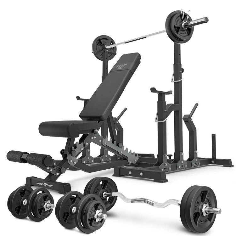Set MS2_2.0_113KG | Banca cu reglare dublă + standuri combinate cu siguranță + bară și set de plăci de greutate 113 kg - Marbo Sport