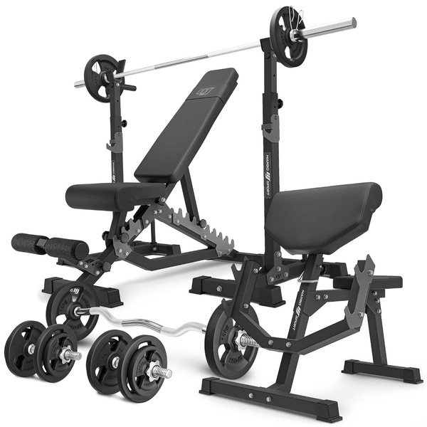 Set MS33_2.0_83KG | Bancă cu două fețe + suport pentru gantere (2 bucăți) cu prindere de siguranță + bancă Scott - cu tampoane pentru brațe reglabile pe înălțime + set de bare și plăci de greutate 83 kg - Marbo Sport