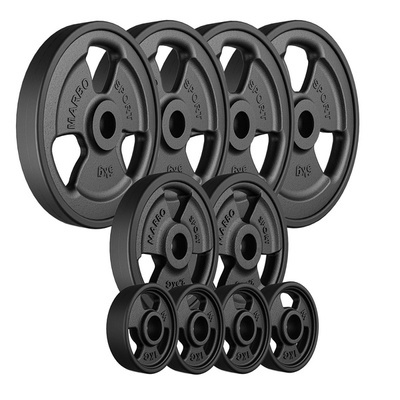 Set de greutăți cu placă de greutate din fontă cauciucată Tri-Grip cu gaură ø31 mm | set 29 kg / 4 x 5 kg + 2 x 2,5 kg + 4 x 1 kg - Marbo Sport