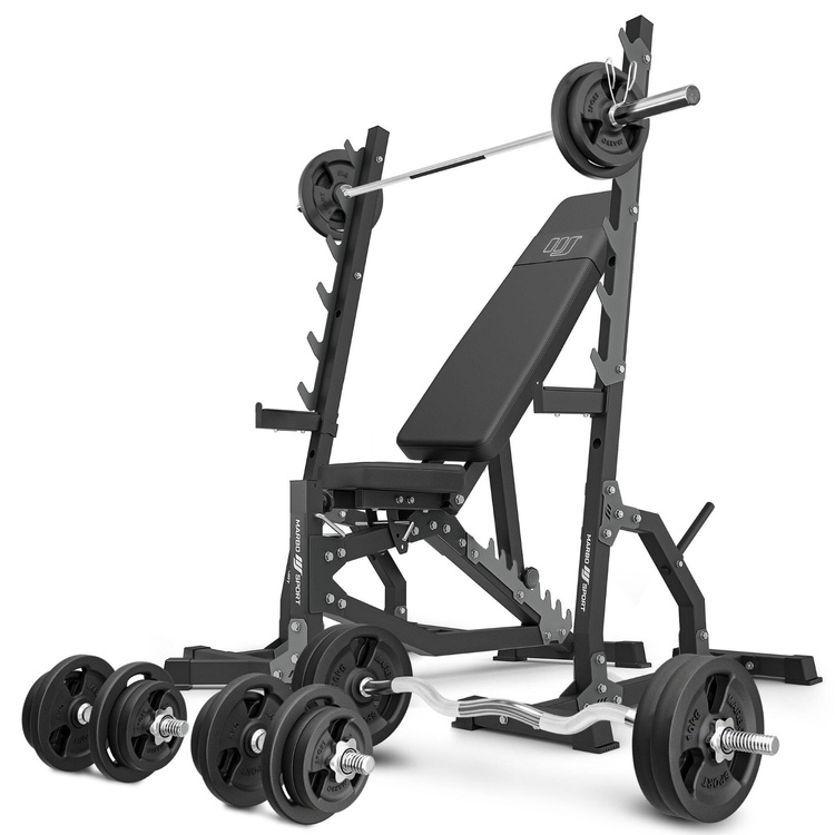 Set MS8_2.0_113KG | Banca de antrenament cu reglare dublă + standuri multilevel + set de bare și plăci de greutate 113 kg - Marbo Sport