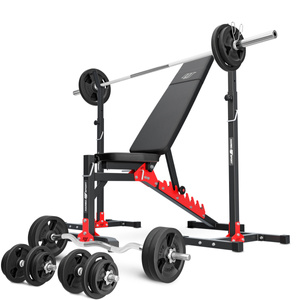 Set MH19_141KG_KIER | bancă cu greutăți reglabilă + suport de greutăți reglabil pe înălțime + set de 113 kg bară de haltere / placă de greutate - Marbo Sport