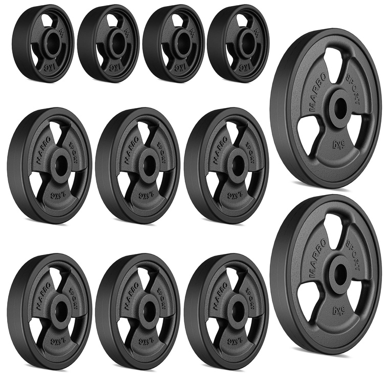 Set de greutăți cu placă de greutate din fontă cauciucată Tri-Grip cu gaură ø31 mm | set 29 kg / 2 x 5 kg + 6 x 2,5 kg + 4 x 1 kg - Marbo Sport