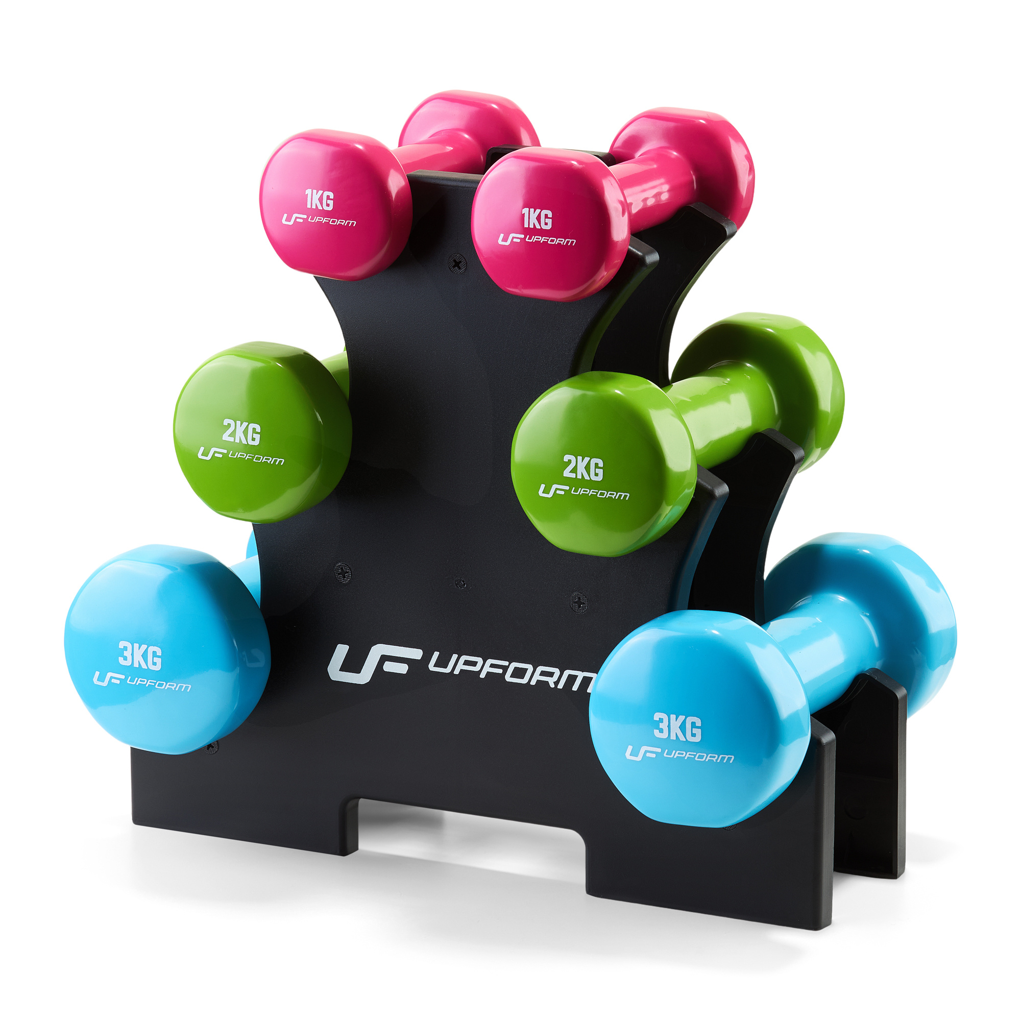 Set de gantere fitness din vinil UpForm 12 kg cu suport