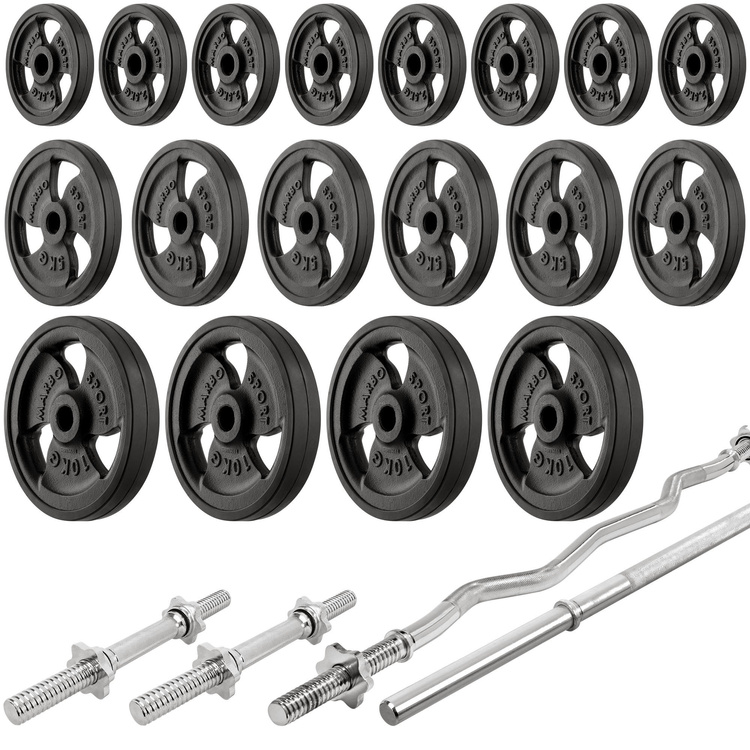 Set MH7_140KG_KIER_G | banc de greutăți + suport de greutăți reglabil pe înălțime + set de haltere cauciucate și placă de greutăți 113 kg - Marbo Sport