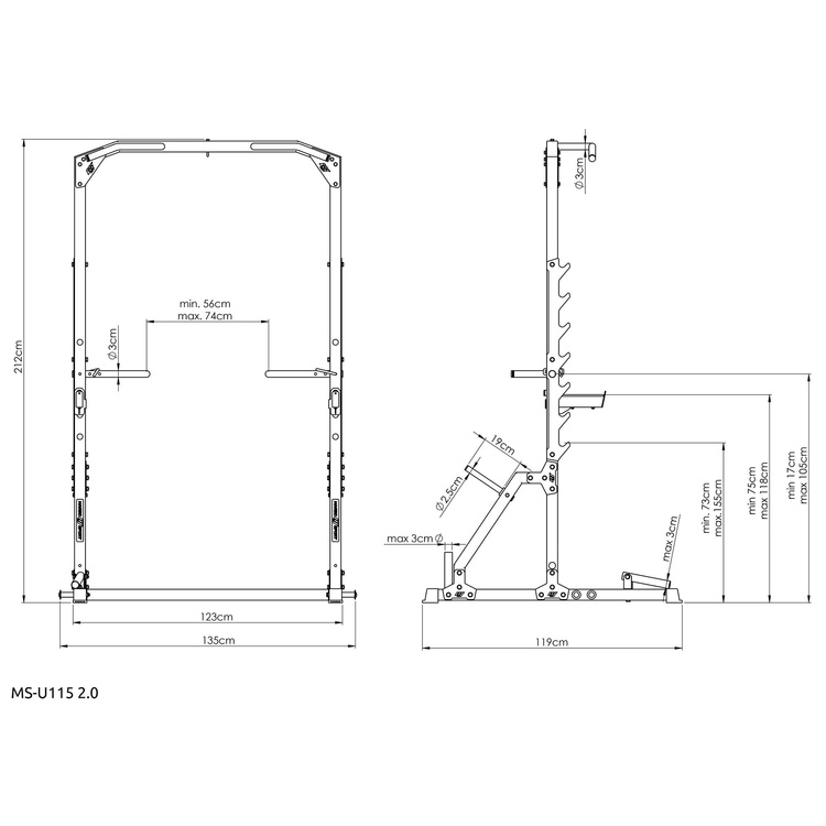 Cușcă Half Rack (bară de tracțiuni cu suporturi și bare de flotări + mâner landmine) MS-U115 2.0 - Marbo Sport