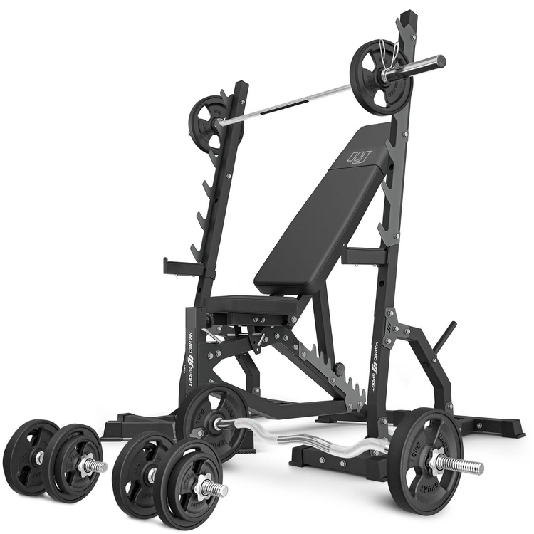 Set MS8_2.0_83KG_G | Banca de antrenament cu reglare dublă + standuri multilevel + set de bare cauciucate și plăci de greutate 83 kg - Marbo Sport