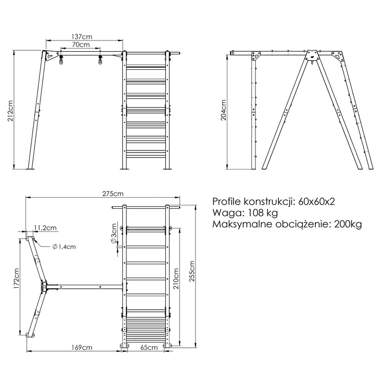 Scară de gimnastică PREMIUM - MO-016 + leagăn simplu PREMIUM (cadru) - MO-017 - Marbo Sport