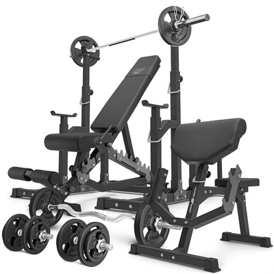 Set MS5_2.0_83KG | Banca cu reglare dublă + standuri combinate cu siguranțăe + bancă Scott cu suport reglabil + set de bare și plăci de greutate 83 kg - Marbo Sport