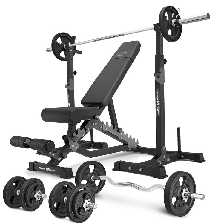 Set MS34_2.0_83KG_G | Banca cu reglare dublă + standuri multilevel (2 piese) pentru halteră cu asigurare + bară cauciucată și set de plăci de haltere 83 kg - Marbo Sport