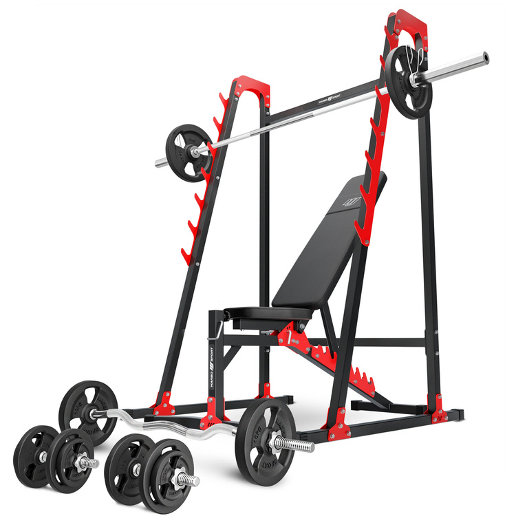 Set MH24_126KG_KIER | bancă de greutate reglabilă + suport de haltere MH-S204 + set de bare de greutate / plăci de greutate 83 kg- Marbo Sport